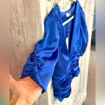 Flynn Skye small blue satin puff sleeve button down ruched bodice vneck sexy top Photo 4