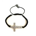 Rhinestone cross black cord adjustable bracelet Silver Photo 1