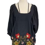 Umgee  Floral Embroidered Top Women's Size Small Square Neck Boho Bat Wing Black Photo 0