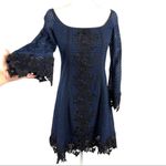 New Sara Campbell Mini Blue Floral Lace Dress Long Bell Sleeve Navy Size 0 Photo 7