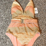WET Metallic Stripe One Piece Swimsuit XS Halter Neck Belted NEW Gold Photo 0