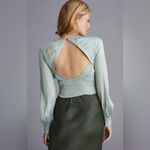 Anthropologie Smocked Blouson Sleeve Blouse Sage Green Open Back Satin Top 3XL Photo 1