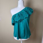 Anthropologie One Shoulder Eyelet RUffle Knit Top Shirt Blouse Size Small Green Photo 1