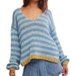 Free People  Striped Portland Pullover Sweater Blue Lake Combo S Photo 0