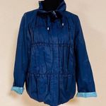Tahari 🛍️ Navy Blue Mint 3/4 Sleeve Hoodless High Collar Ruffle Frill Jacket L Photo 0