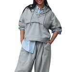 Anthropologie Daily Practice Cropped Hooded Henley Sweatshirt Size L Light Grey Photo 0