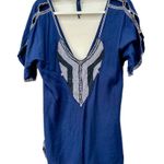 Free People  Navy Blue and Silver Springs Embroidered Blouse Tunic Top Photo 1