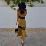 ZARA Gold Satin & Black Lace Asymmetric Midi Slip Dress XS Photo 1