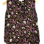 Loft XS Floral Tie Neck Top Sleeveless Black Purple Gold Office Retro Feminine Photo 0