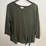 Nine Britton Top Waffle Knit Olive Green 3/4 Sleeve Tie Front Crewneck Neutral Photo 9