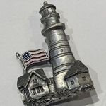 Signed SPOON Costume Brooch Pin Pewter American Flag Lighthouse Silver Photo 0