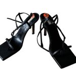 River Island NEW  SQUARE TOE BLACK LEATHER HEEL SANDAL STAPPY SZ -9.5 Photo 1