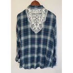 Country Living Shirt Sz L Blue/Green Plaid Flannel Lace Back Button Up Western Size L Photo 1