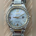 Seiko Solar Swarovski Crystals Ladies Watch Pearl Dial Two-Tone Bracelet Date Photo 0