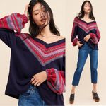 Free People • Copenhagen thermal knit top balloon sleeve mixed media navy red Photo 1