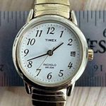 Timex Ladies Watch Vintage Gold Tone Stretch Bracelet Round White Dial Date Wndw Photo 5