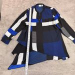 Chico's  Size XL‎ Tunic Top Asymmetrical Geometric Print Blue White Black Office Photo 6