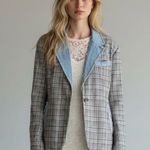 Free People Riley Vintage Plaid Denim Trim Blazer Jacket Size XL Preppy Punk Photo 0