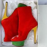 Charlotte Olympia Bella red yellow green suede colorblock mid-calf boots size 35 Photo 15