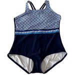 Lands End Navy and‎ Geometric Floral Print One Piece Swimsuit Blue Size XL Photo 0