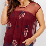 Maurice's Burgundy Maroon Floral Net Mesh Lace Lined Blouse Top Size Large Photo 0