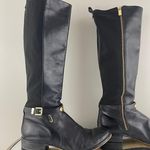Michael Kors Black Leather Gold Hardware Buckle Arley Knee High Riding Boots Photo 4
