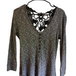 Almost Famous  Charcoal & Crochet Knit Top with Black Lace Long Sleeve EUC Photo 2