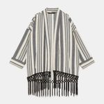 ZARA Ecru Black Stripe Rustic Fringe Tassel Trim Boho Open Front Kimono Size S Photo 0