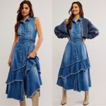 Free People  Western Bohemian Ruffle Denim Midi Maxi Dress Medium Belted Cowgirl Photo 14