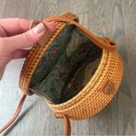 Authentic Bali Round Rattan Woven Bag Purse with Leather Strap, Batik Lining Tan Photo 4