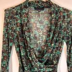 Green abstract print retro 70s vibe long sleeved wrap style top Size M Photo 2