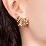 Gold Bow Stud Earrings Faux Pearl Crystal Embellished Coquette NWT Photo 3