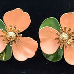 Sarah Coventry Vintage Tahitian Flower Peach Green Enamel Petals Clip Earrings Orange Photo 0