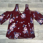 Shyanne  Burgundy Floral Crinkle Fabric Cold Shoulder Top S41 Photo 0