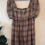 En Saison Plaid Puff Sleeve babydoll Dress with gold shimmer threading Large Tan Photo 0
