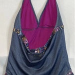 COOGI  Size 16 One Piece Swimsuit Halter Top Denim Style‎ Colorful Ruffles Beach Photo 0