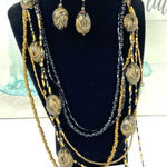 Gold & Black Bead Multi Strand Necklace & Earrings Photo 0
