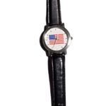 Vtg 1990s Women's American Flag Face Black Leather Band Quartz Wrist Watch Photo 0