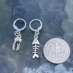Handmade Silver Y2k Tooth Fishbone Hoop Earrings , Punk Goth Boho Silver Photo 2