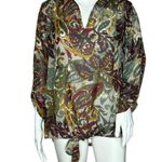 Bobeau Shirt Womens Small Green Orange Brush Stroke Paisley Blouse Boho Colorful Photo 0