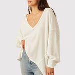 We The Free  Womens Top White Coraline Thermal V Neck Waffle Knit Oversized XS Photo 0