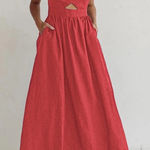 Commense Cotton Sleeveless Pockets Cutout Long Dress size M Red Size M Photo 0