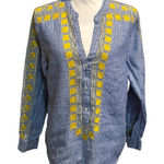 J.Crew  Womens Tunic SMALL Linen‎ Floral Embroidered V-Neck Striped Blue Yellow Photo 0
