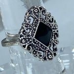Silver Tone Filagree Ring Black Inlay Small Pinky Finger Approximate Size 6 Photo 11