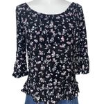 Faded Glory  Women’s Peasant Blouse Size S Black Floral 3/4 Sleeve Ruffle Hem Photo 0