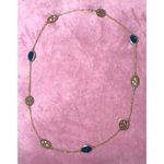 Gold Tone Blue Quartz Druzy Textured Disc Charms Necklace Long Layering Chain Photo 5