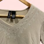 Jason Maxwell Y2k light tan embroidered bling stretchy v-neck short sleeve top  Photo 1
