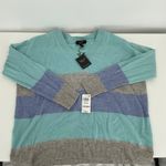 Charter Club  Luxury 100% Cashmere Striped V Neck Sweater Aqua Blue Grey Size M Photo 2