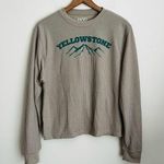 Modern Lux  Waffle Knit Yellowstone spell out print Shirt Long Sleeves Tan hike L Photo 0