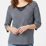 J Crew Striped 3/4 Sleeve Top Embellished Neck Navy White Size Medium Blue Photo 0